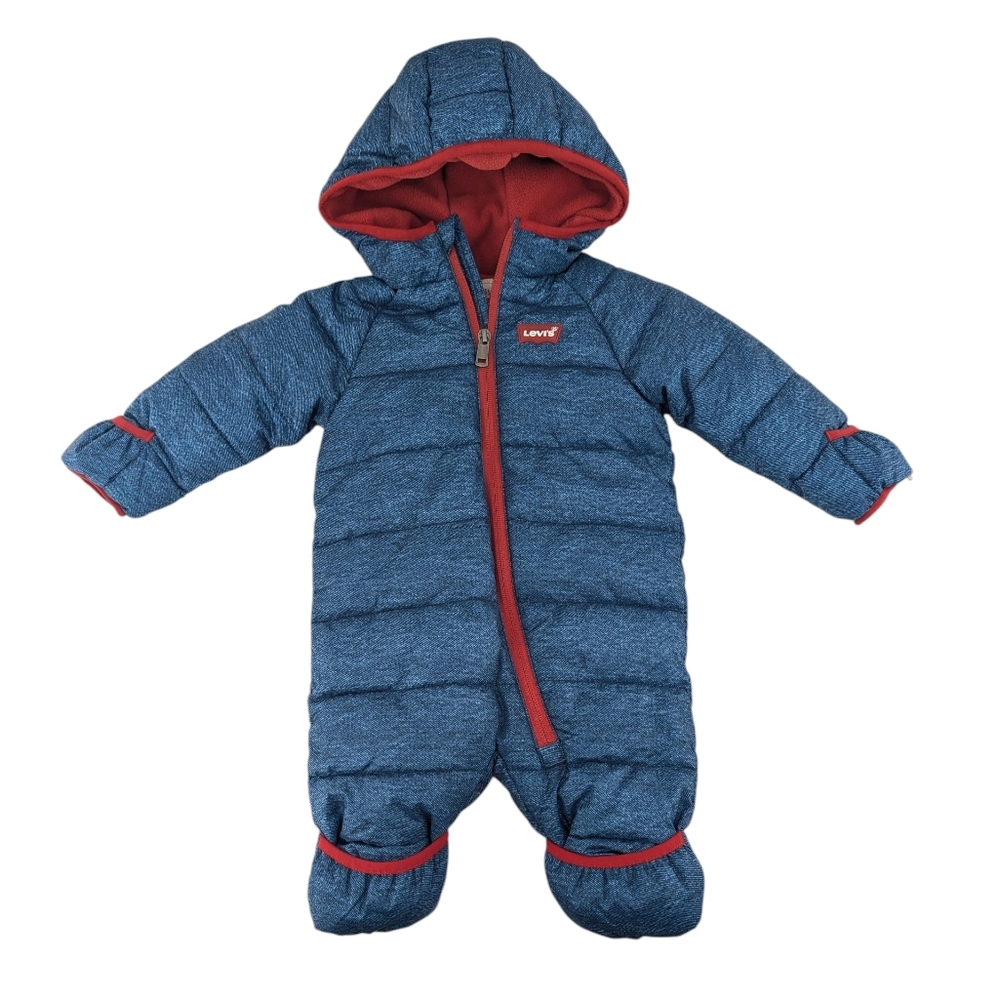 NWT Levi's Straus Baby Boy Denim Blue Snowsuit with Red Trim Size 6 Months